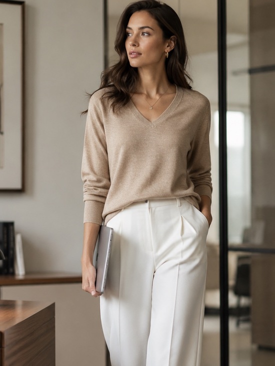 Lord & Taylor Sweaters - Lord & Taylor Merino Wool Sweater Beige V-Neck Size M Minimalist Classic